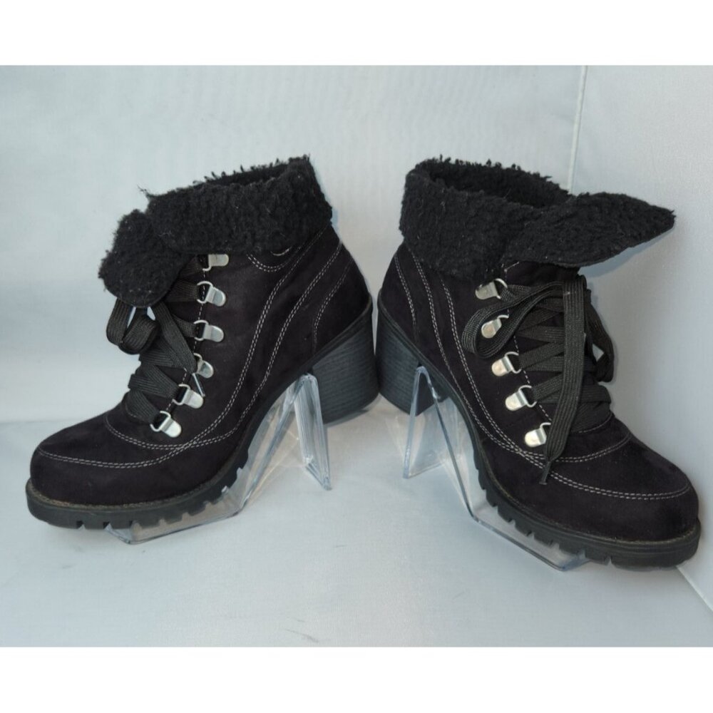 Jelly Pop Combat Ankle Boots Black Size 9.5M Lug Heeled Sole, Sherpa Lining